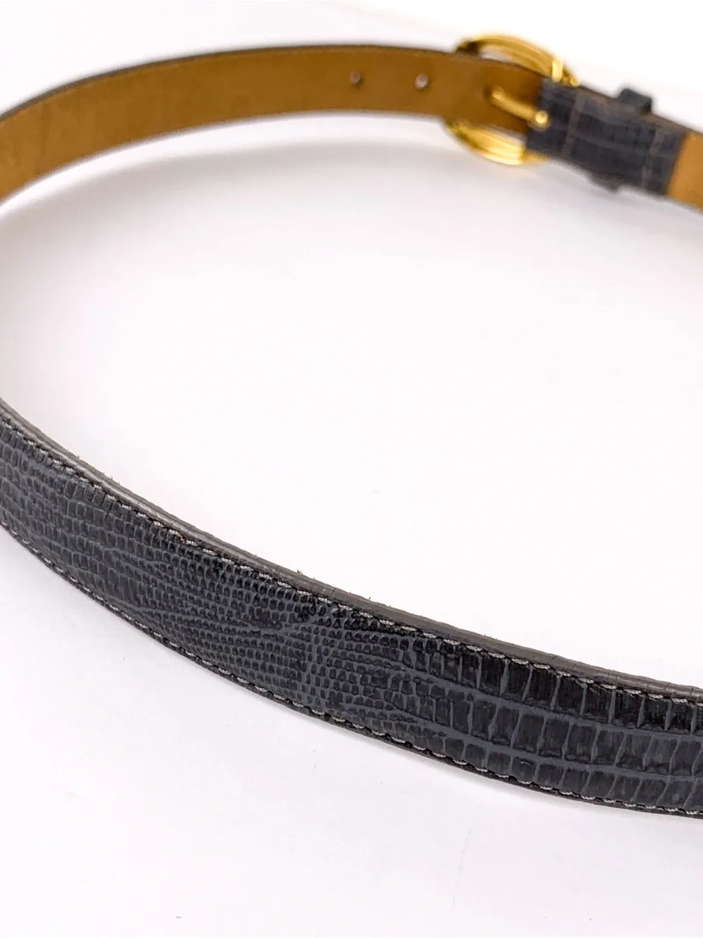 Vintage Greg Adams gray lizard embossed leather belt solid brass buckle size M/L